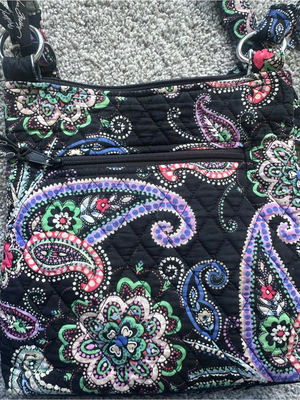 Vera Bradley Retired Kiev Paisley Hipster Crossbody Bag Black Multi Zip Pockets
